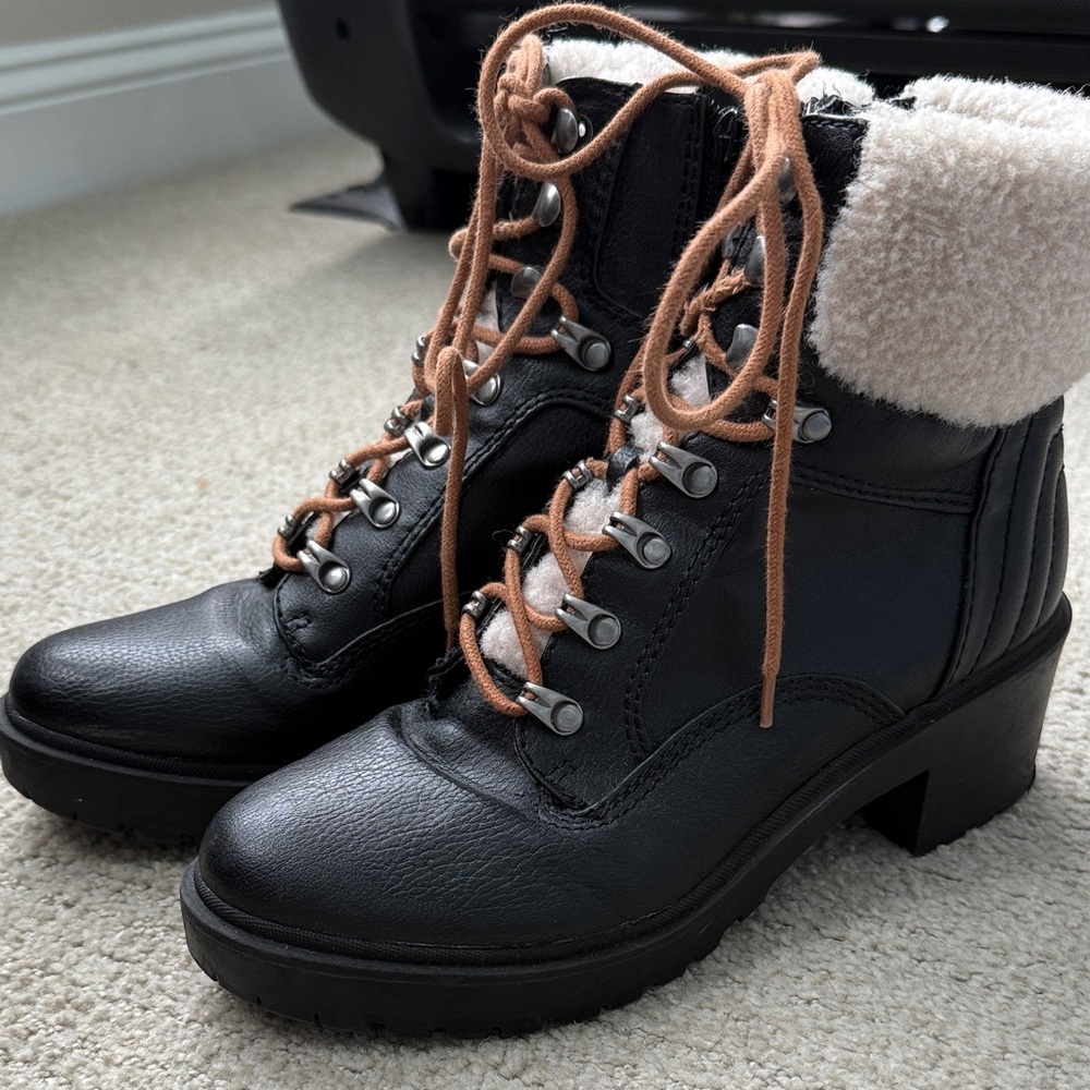 Black Leather Ankle Boots with Tan Laces